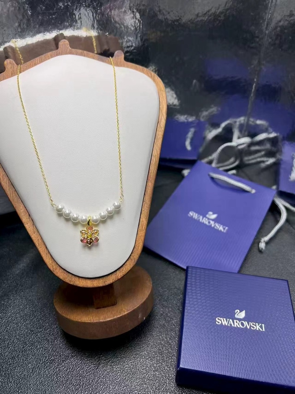 Swarovski Gold Necklace with White Pearls and Pink Flower Pendant